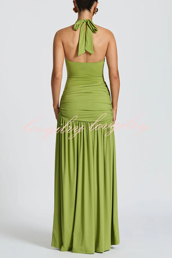 Solid Color Halter Neck Backless Slim Fit Pleated Slit Maxi Dress