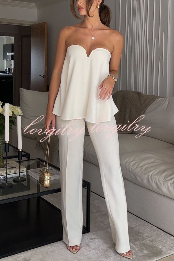 Celebrating Elegant Satin Bandeau A-line Top and High Waist Pants Set