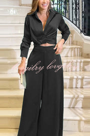 Satin Solid Color Lapel Long Sleeve Blouse and Loose-fitting Pocket Wide Leg Pants Set