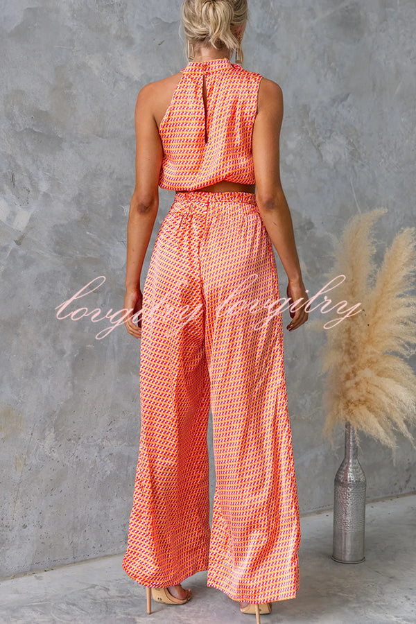 Girls Night Satin Printed High Neck Top and Elastic Tie-up Waist Pocket Wide Leg Pants Set