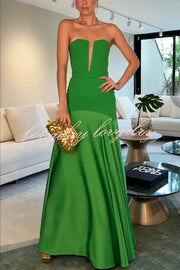 Mermaid Style Off Shoulder Sheer V-neck Satin Hem Party Maxi Dress