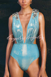 Solid Color Shiny Fabric Deep V Metal Embellished Stretch One-piece Swimsuit