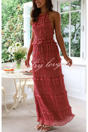 Feel Chic and Romantic Sequin Textured Material Back Elastic Halter Tie Tank and Drawstring Waist Tiered Maxi Skirt Set