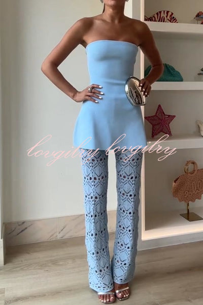 Trena Crochet Knit Hollow Mid Rise Stretch Wide Leg Pants