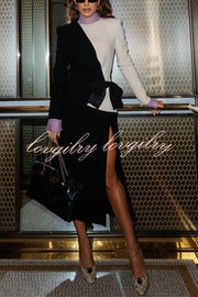 Love Unfolded Contrast Color Side Bow Tie-up Long Sleeve Slit Midi Dress
