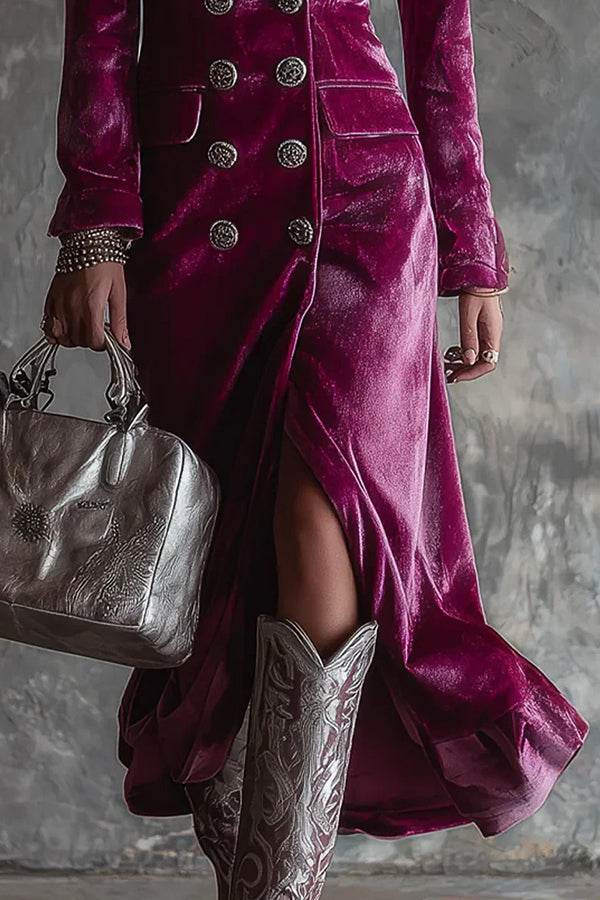 Elegant Velvet Collared Long-Sleeved Double-Breasted Midi Dress