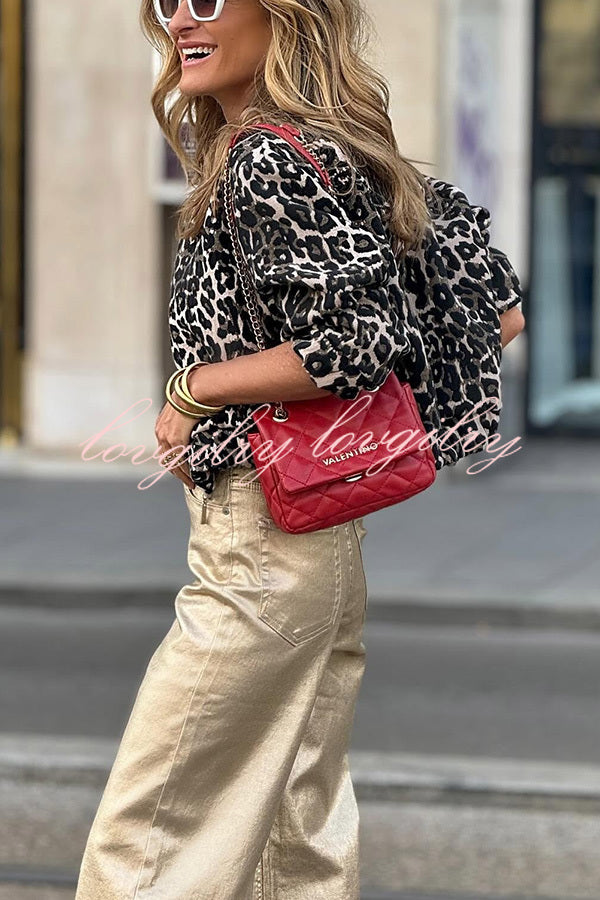 Fashionable Lifestyle Leopard Print Long Sleeve Pocket Bomber Jacket