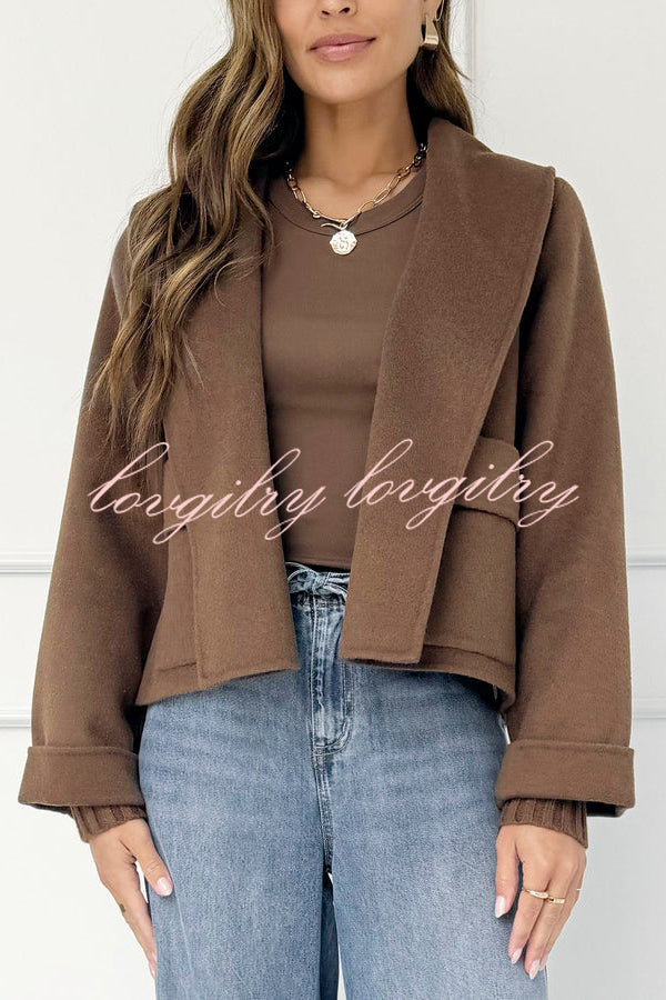 Comfortable Season Shawl Collar Open-front Long Sleeve Flap Pockets Crop Coat