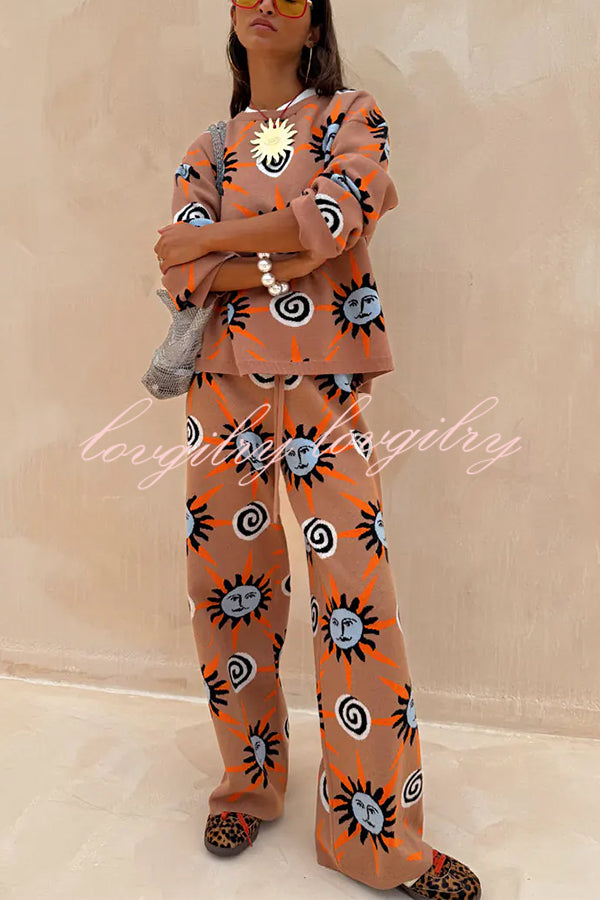 Mediterranean Art Knit Unique Sun Vortex Print Elastic Waist Wide Leg Pants