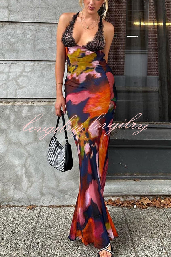 Rosalinda Abstract Floral Print Lace Patchwork Back Lace-up Maxi Dress