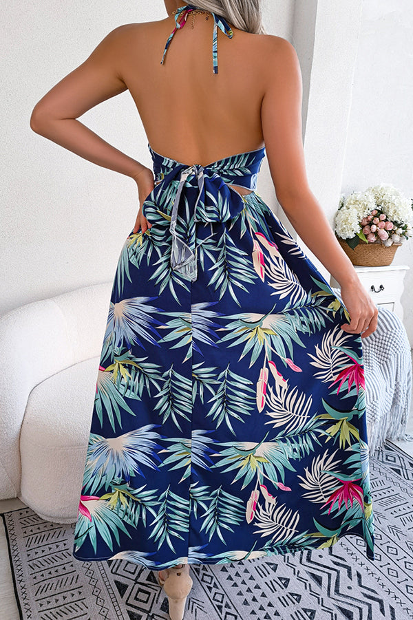 Plant Print Halter Neck Hollow Holiday Beach Midi Dress