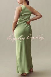 Wedding  Guest Satin Floral Print One Shoulder Side Slit Maxi Dress