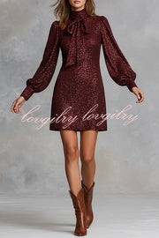 Gift for Me Sequin High Neck Bow Tie Long Lantern Sleeve Party Mini Dress