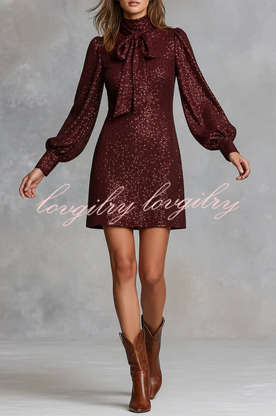 Gift for Me Sequin High Neck Bow Tie Long Lantern Sleeve Party Mini Dress