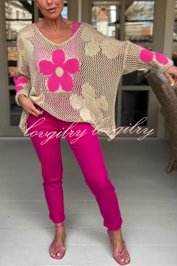 Embroidered Flower Hollow Holiday Knit Top