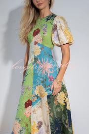 Floral Print Round Neck Puff Sleeve Casual Midi Dress