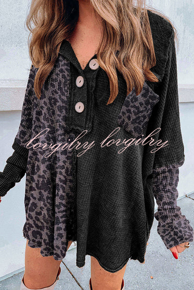 Waffle Leopard Pullover Button Pocket Shirt