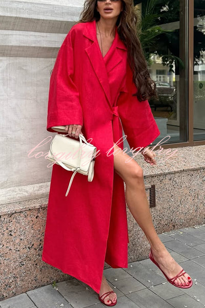 Linen Blend Solid Color Casual Lapel Tie Loose Maxi Dress