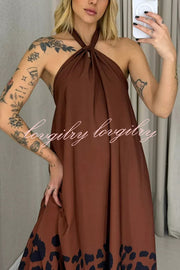 Leopard Print Sexy Halter Neck Backless Loose Maxi Dress