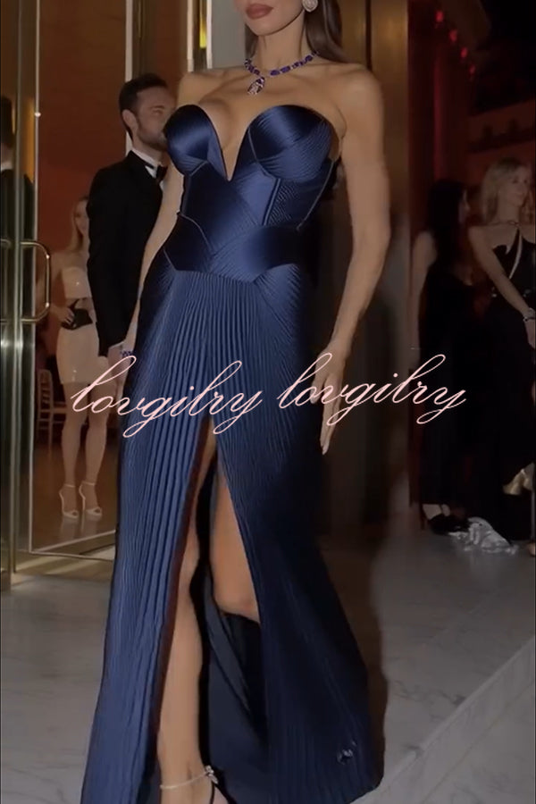 Stunning The Audience Plissé Satin Off Shoulder Drape Slit Gown Maxi Dress