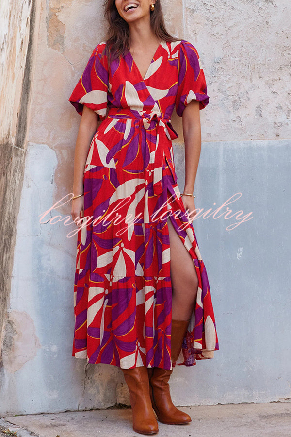 Unique Printed Waist Lace Up Slit Maxi Dress