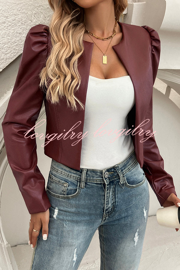 Yelissa Faux Leather Statement Long Sleeve Open Front Crop Jacket