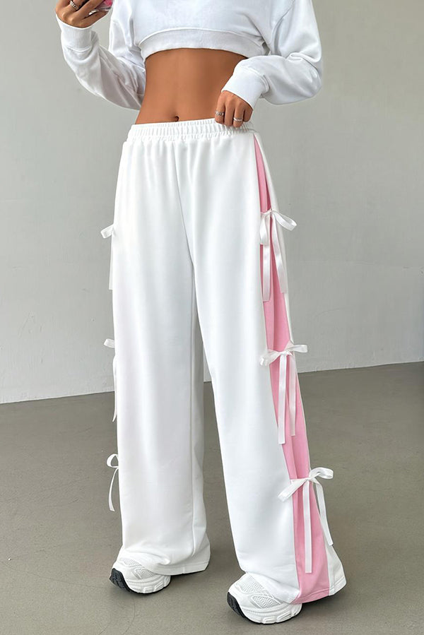 Fashion Elastic Waist Side Bow Casual Straight Wide-leg Pants