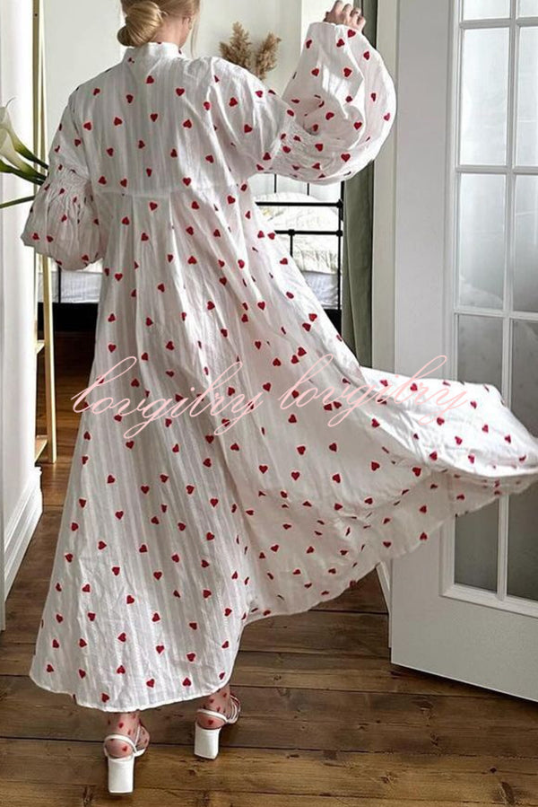 Cute Heart Print Puff Sleeve Loose Shirt Style Maxi Dress