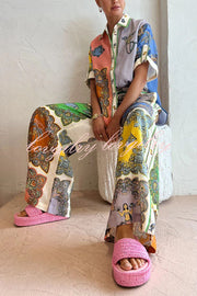 Sunny Delights Linen Blend Mermaid Print Elastic Waist Pocketed Wide Leg Pants