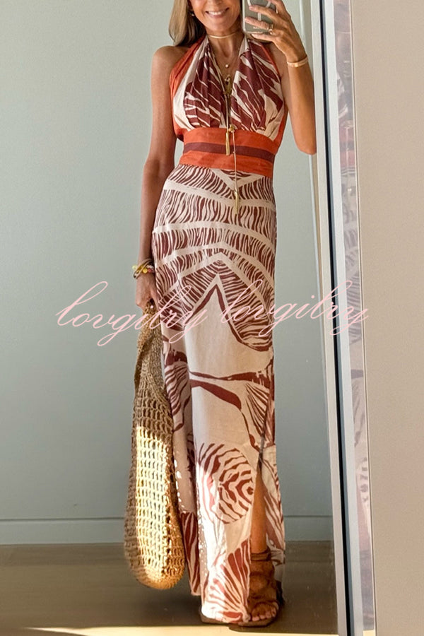 Vacay Bound Linen Blend Unique Botanical Print Halter Maxi Dress