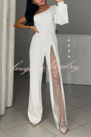 Fashionable Oblique Shoulder One-sleeve Sexy High Slit Slim Jumpsuit