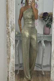 Shining Moment Metallic Fabric One Shoulder Ruched Tank and Pocketed Loose Stretch Pants Set