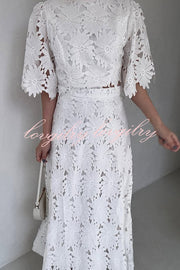 Elegant Embroidered Hollow Flowers Bell Sleeve Top and Full Hem Maxi Skirt Set