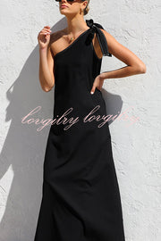 Solid Color One-shoulder Strappy Elegant Sloping Collar Loose Maxi Dress