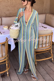 Bondi Beach Knit Colorful Wave Print Long Sleeve Vacation Maxi Dress