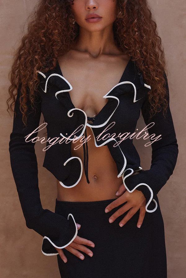 Fashion Ruffled Long-sleeved Tie-cropped Knitted Cardigan