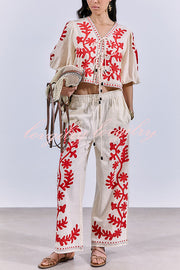 Till Sunset Linen Blend Unique Print Lace-up Puff Sleeve Shirt