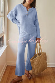 Heather Hailey Solid Color Casual Button V Neck Top and Pant Two Piece Set