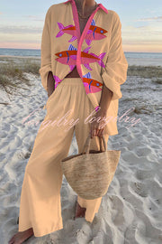 Pink Fish Print Oversized Shirt and Elastic Waist Pocket Pants Set