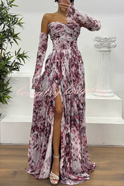 Reina Chiffon Floral Print Pleated Bodice Split Sleeve Strapless Slit Maxi Dress