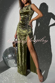 Solid Color Velvet Round Neck Sleeveless Slim Slit Maxi Dress