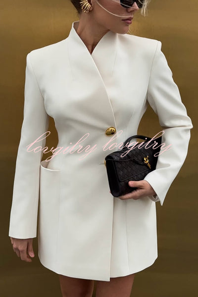 Kayleen Stand V-neck Decorative Metal Button Long Sleeve Pocket Blazer Mini Dress