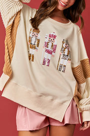 Christmas Nutcracker Sequined Patchwork Sleeve Color Block Sweatshirt