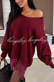Comfy and Sweet Knit Lace Patchwork Hem Wide Neck Long Sleeve Loose Sweater