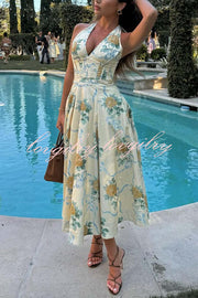 Resort Star Floral Print Waist Halterneck Tie Pocket Midi Dress