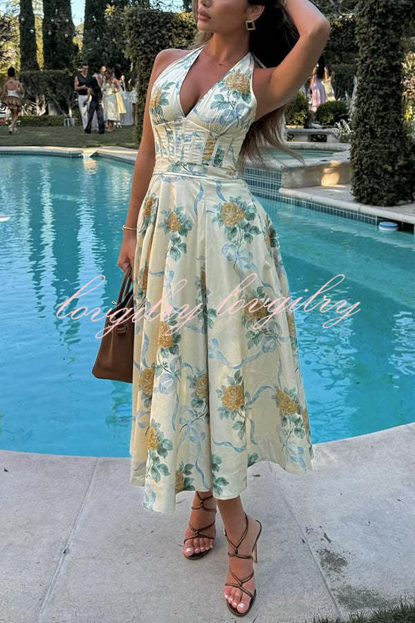 Resort Star Floral Print Waist Halterneck Tie Pocket Midi Dress