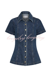 Modern Flavor Denim Short Sleeve Button Up Princess Seams Stretch Top