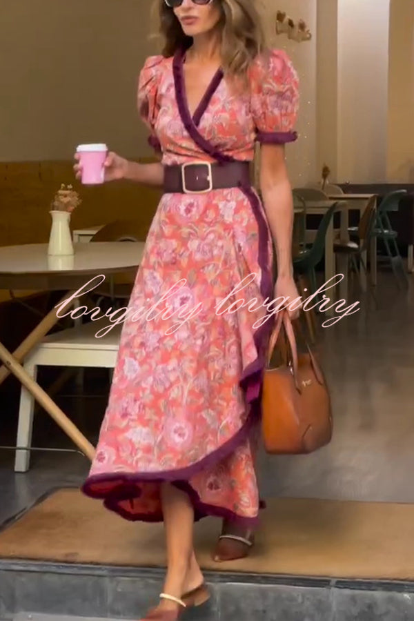 Bohemian Floral Print Elegant Puff Sleeve Holiday Maxi Dress