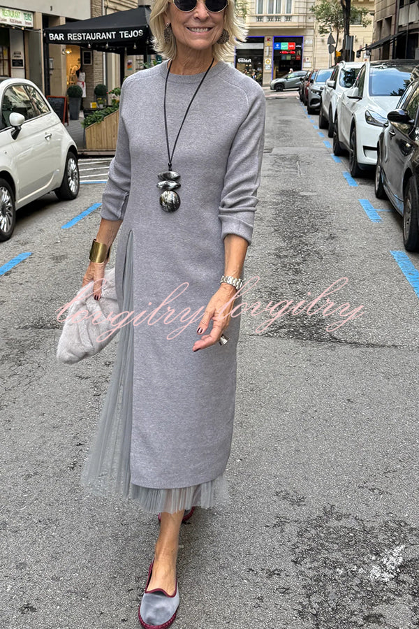 Jollie Knit Long Sleeve Front Slit Midi Sweater and Pleated Tulle Stretch Tank Midi Dress Two-piece Set