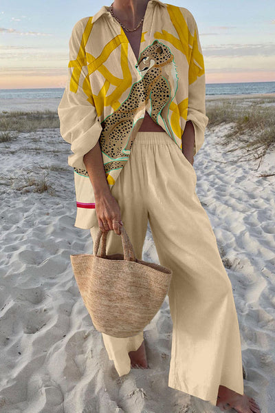 Leopard Print Oversized Shirt and Elastic Waist Pocket Pants Set